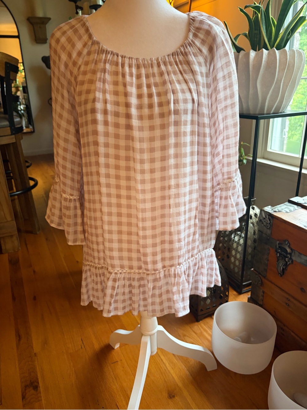 Zac & Rachel Gingham Ruffle Hem Peasant Blouse in white and beige.